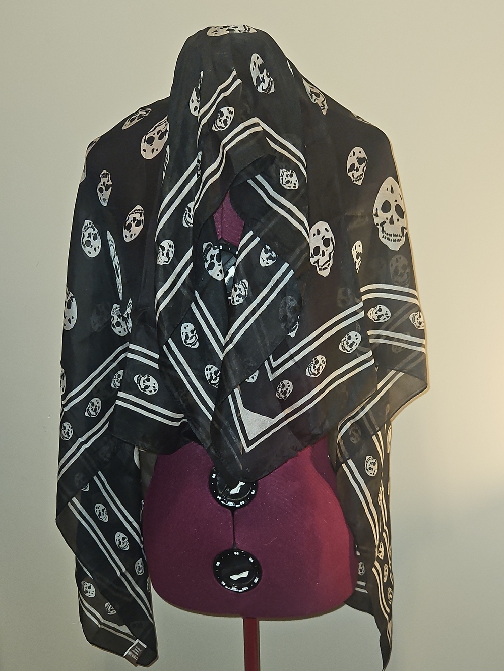 Black Skull Print Square  Pure Silk Scarf